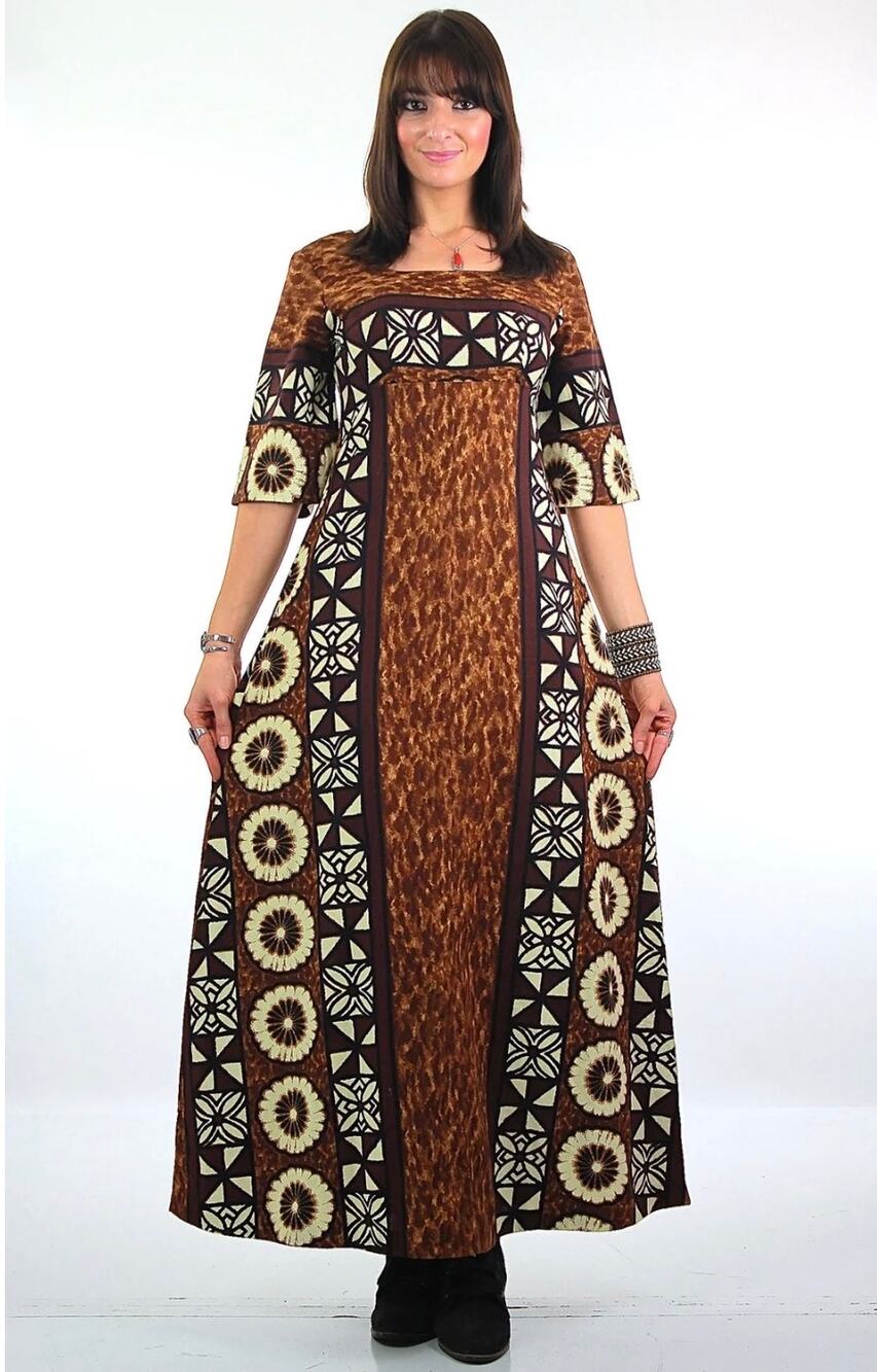 UNI-MAIKAI Dress Medium Vintage 70's Hippie Boho Hawaiian Tribal Floral Caftan